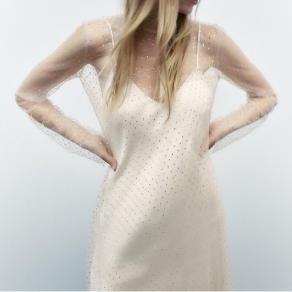 Zara contrasting Sparkly Dress semi sheer rhinestone applique long sleeve - Picture 4 of 9